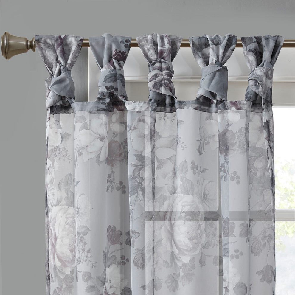 Madison Park Simone Printed Floral Twist Tab Top Voile Sheer Curtain, Grey