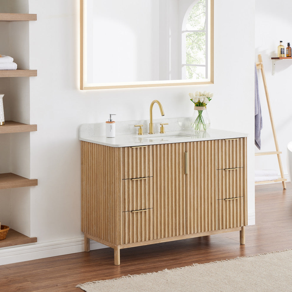 Sierra Bathroom Vanity, Washed Light Brown, 48inch, Without Mirror