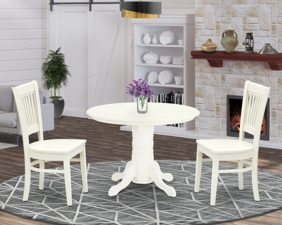 3Pc Dining Set 2 Wooden Chairs, Round Table, Slatted Chair Back Linen White