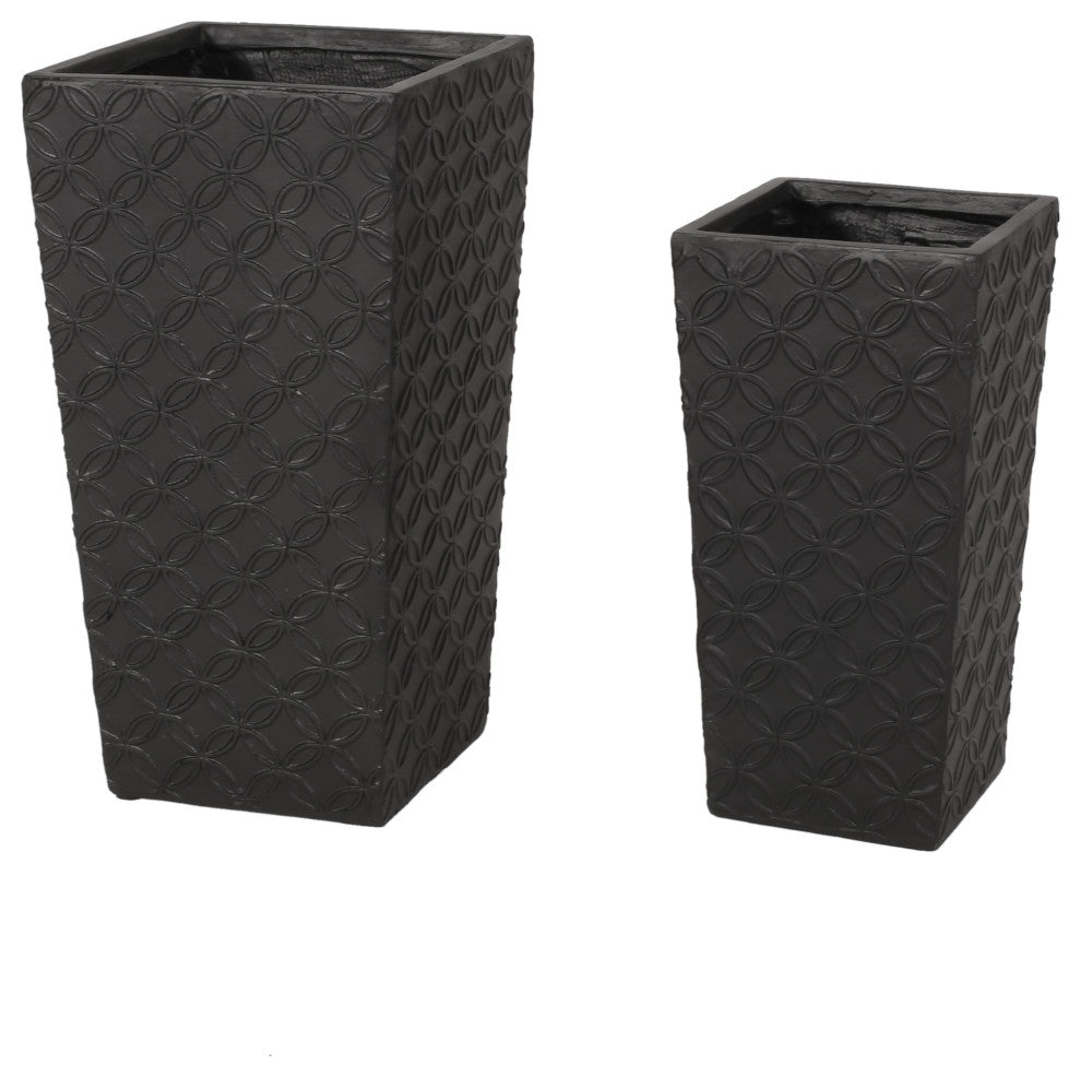 Beadles Outdoor Large and Medium Cast Stone Planters, Set of 2, Matte Black