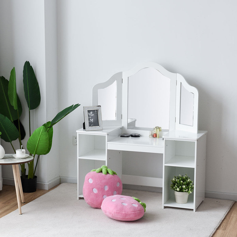 Costway Vanity Table Set Makeup Dressing Kids Girls Study Table Folding Mirror