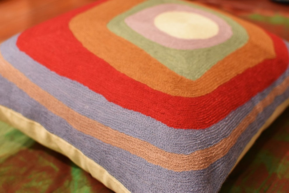 Kandinsky Ruby Square Blue IV Accent Pillow Cover Handembroidered Wool 18x18"