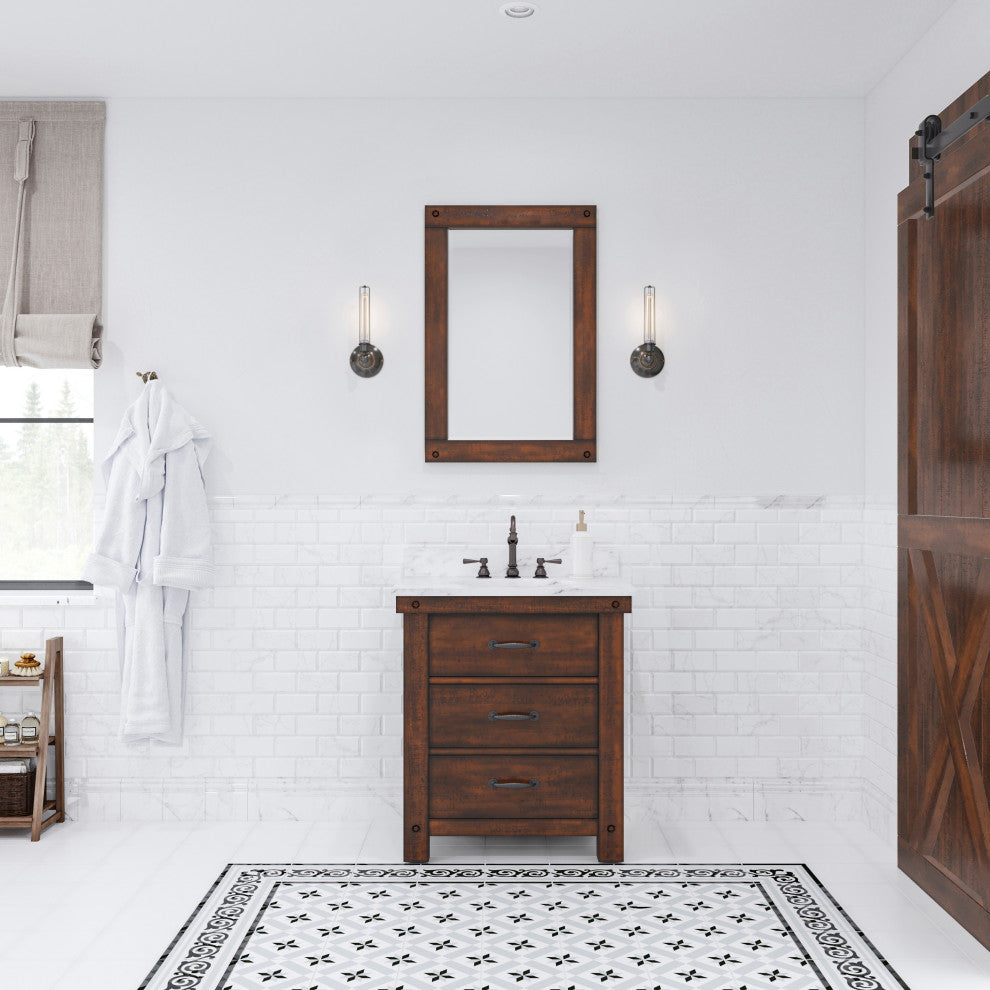 Aberdeen Vanity With Hook Faucet, Rustic Sierra, 30", Carrara Marble Top