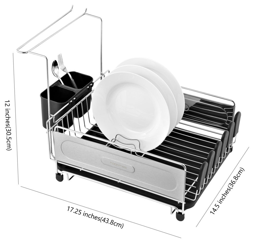 Compact 17.25" Stainless Steel Dish Rack With Wine Glass Holder, Steel/Black