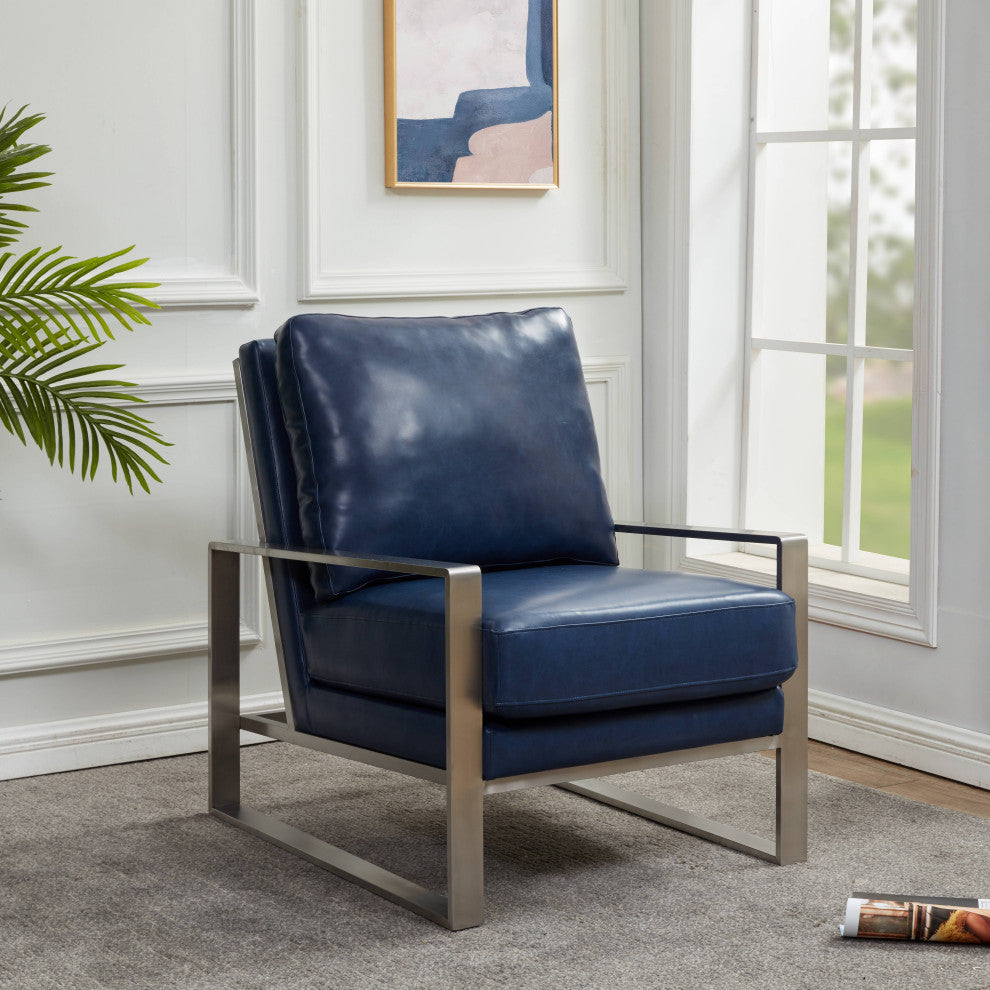 LeisureMod Jefferson Faux Leather Accent Armchair With Silver Frame, Navy Blue