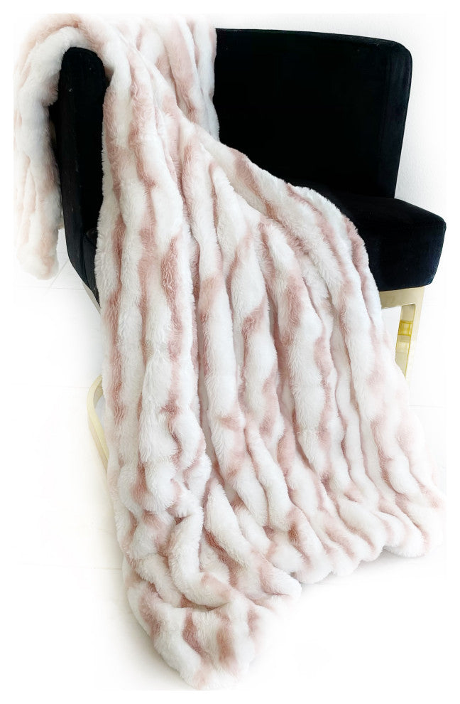 White Pink Snow Chinchilla Faux Fur Luxury Throw Blanket, Throw 60Wx84L