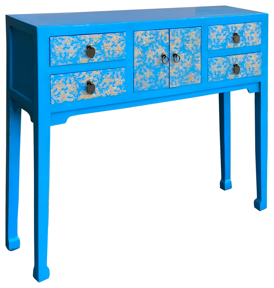 Bright Blue Lacquer Golden Flower Graphic Drawers Slim Foyer Side Table Hcs7146