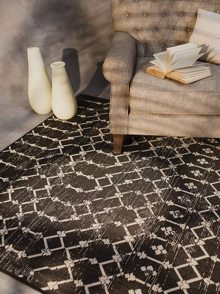 Outdoor Collection Geometric Area Rug - Bohemian Rug, Charcoal, 7'10"x10'
