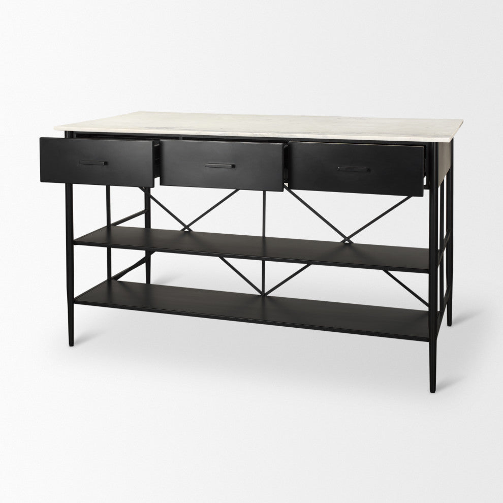 Amika White Marble Top Black Metal Base Kitchen Island