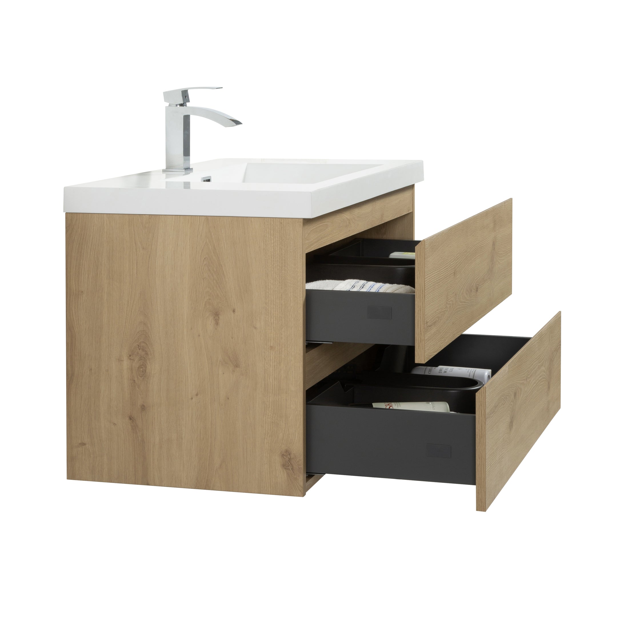Alma-Pre Wall Mount Vanity With White Sink, Natural Oak, 36"