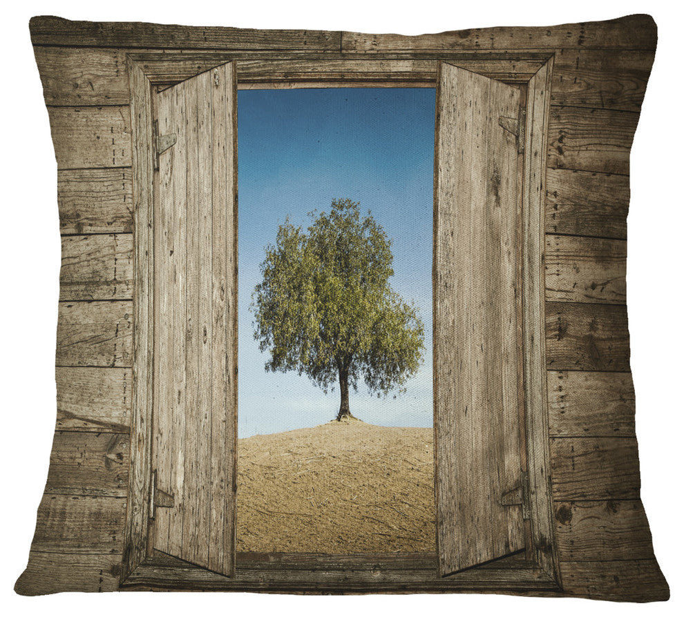 Window Open To Solitary Tree Modern Landscape Printed Throw Pillow, 16"x16"
