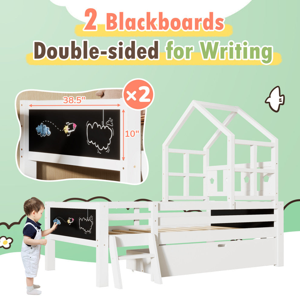 Gewnee Twin Size House Bed with Ladder and Storage Drawers for Kid Bedroom