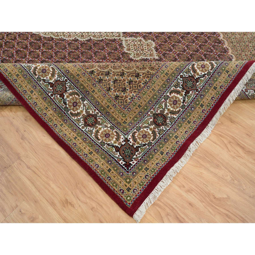 Mahogany Red Tabriz Mahi 175 KPSI Wool Hand Knotted Oriental Rug, 10'x13'10"