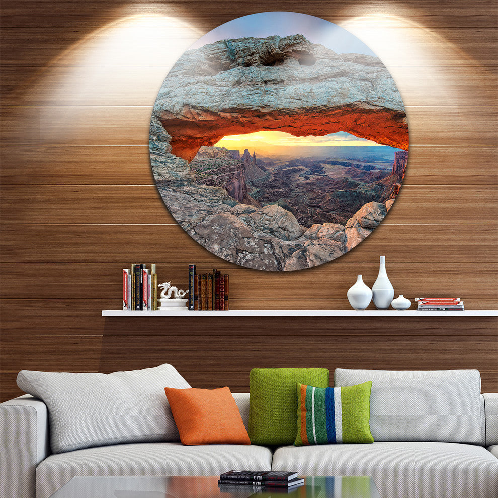 Sunrise At Mesa Arch In Canyon Lands, Landscape Disc Metal Artwork, 36"