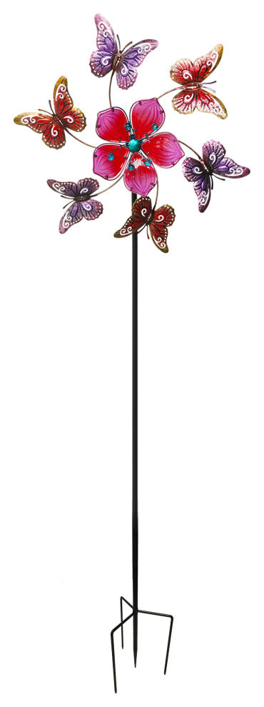Pink Butterfly Floral Kinetic Wind Spinner Outdoor Garden Sculpture