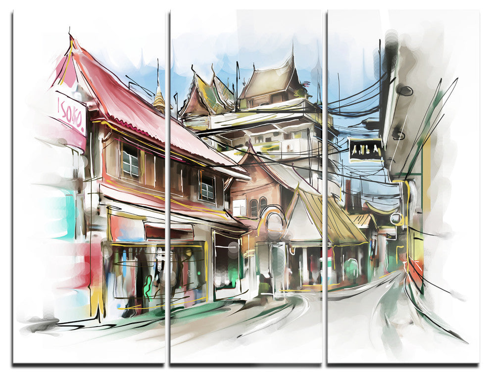 "City Street Illustration Art" Street Metal Wall Art, 3 Panels, 36"x28"