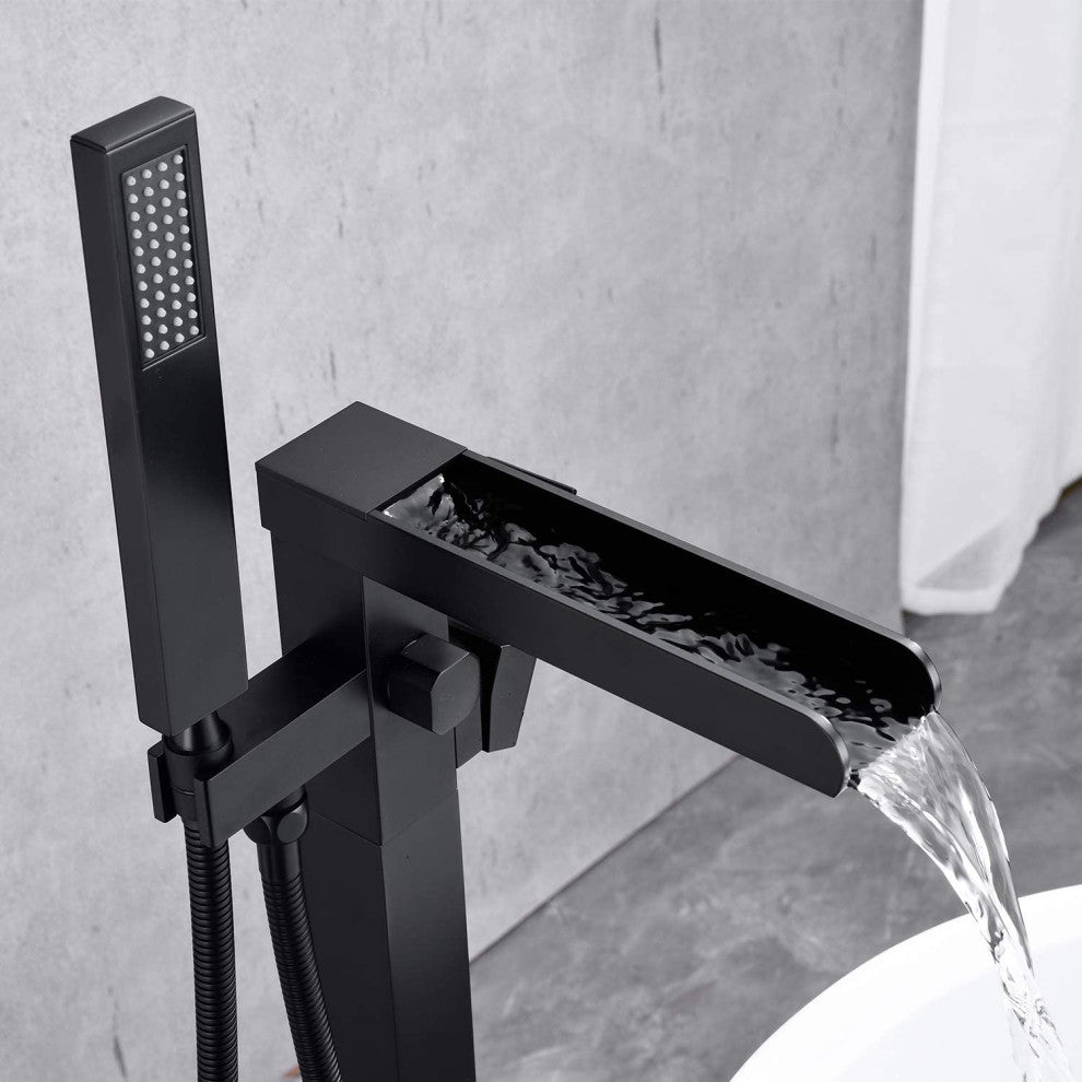 Single Handle Floor Mounted Freestanding Tub Filler with Hand Shower, Matte Blac