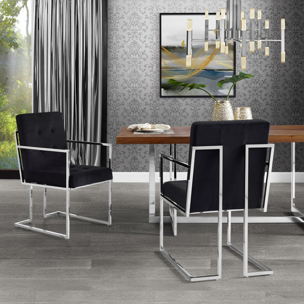 Phoebe Tufted Dining Chairs With Square Arms, Set of 2, Black Velvet