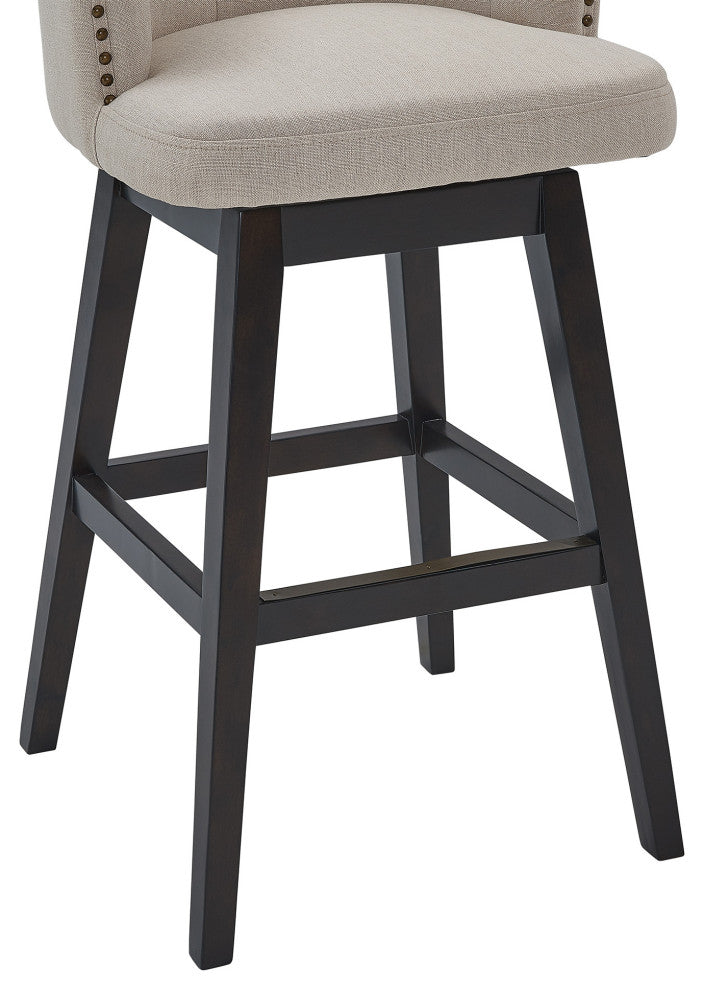 26" Tan Tufted Fabric and Dark Espresso Wood Swivel Bar Stool