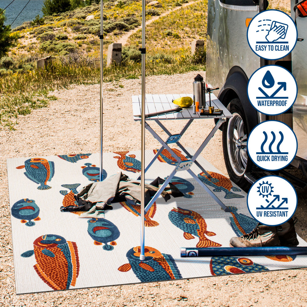 Algarve Modern Fish High-Low Indoor/Outdoor Area Rug, Navy/Orange/Cream, 5 X 8