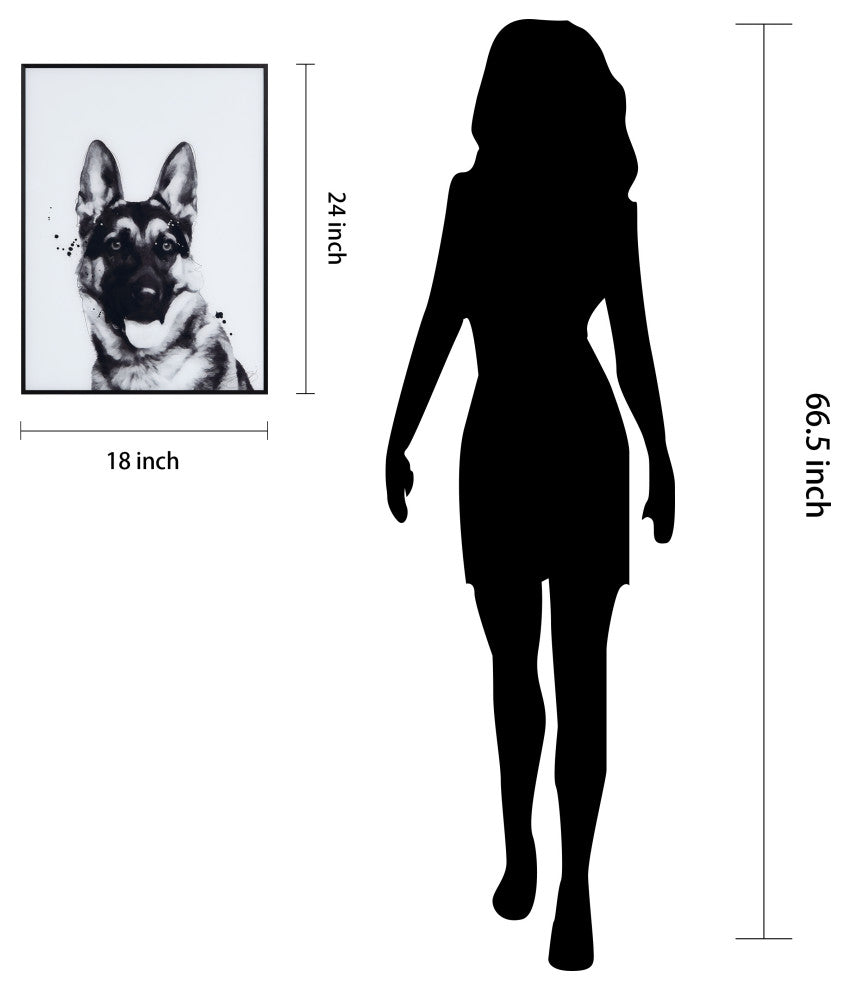 "German Shepherd" Black and White Pet Art on Printed Glass with Anodized Frame