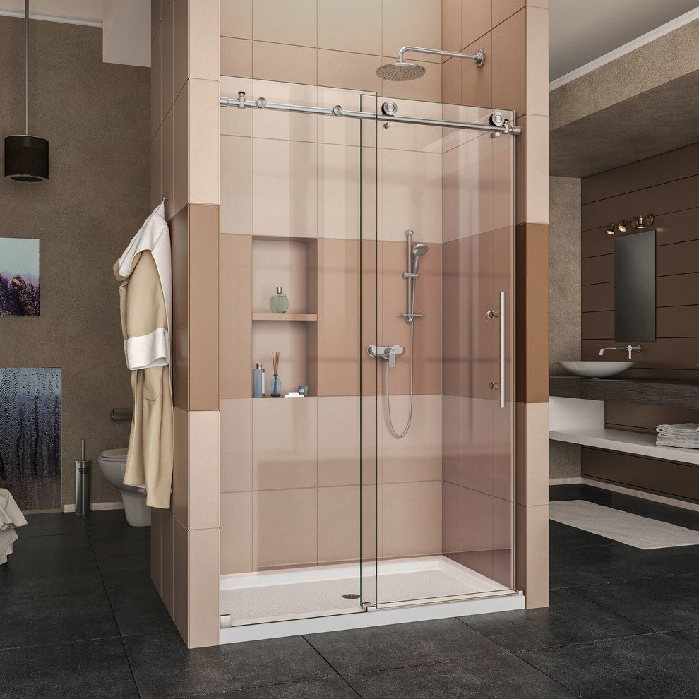 DreamLine Enigma-X Fully Frameless Sliding Shower Door, Brushed Stainless Steel