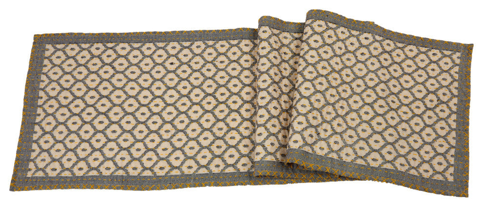 Artisan Hand Loomed Cotton Table Runner, Gray With Yellow Stitching, 18"x96"