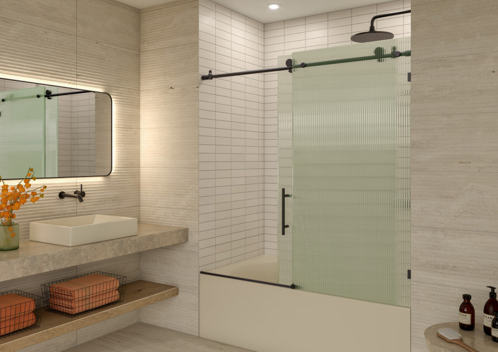 Galaxy 60"x60" Frameless Glass Sliding Bathtub Doors, Matte Black, Left