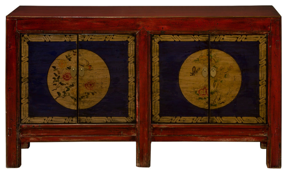 Hand Painted Flower Motif Distressed Red Yellow Blue Chinese Elmwood Sideboard