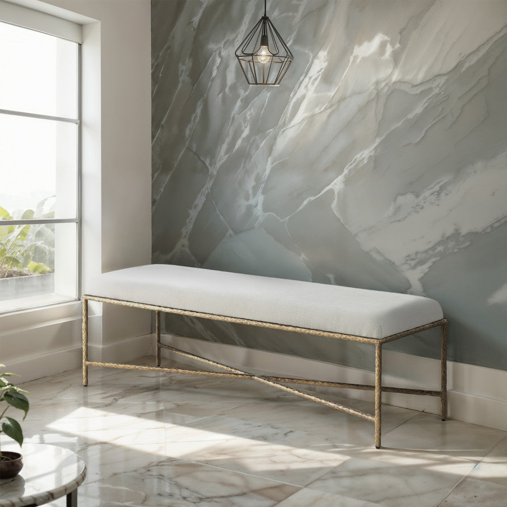 Valley Upholstered Bench, Cream, 54" W x 18" D, Gold, Chenille Fabric