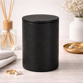 Genuine Leather Bathroom Round Jar With Lid/Storage Canister, Black