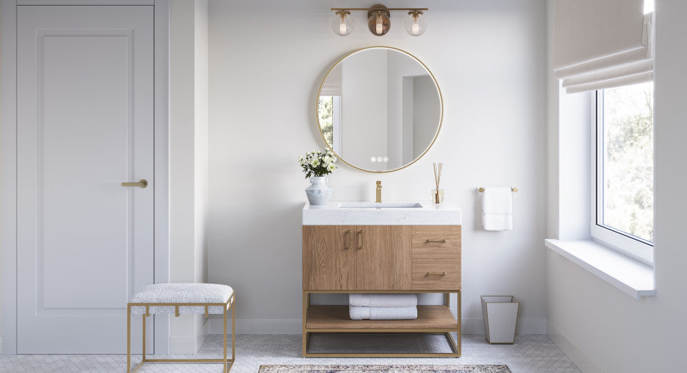 Bahia Bath Vanity, Oak, 36", Brushed Gold Hardware, Single, Freestanding