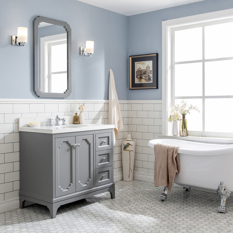 36" Wide Cashmere Gray Single Sink Quartz Carrara Bathroom Vanity