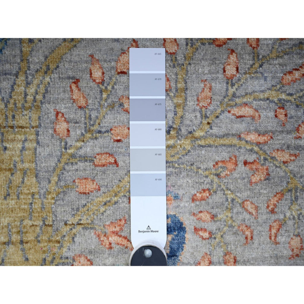 Berry Blue Birds Paradise Peshawar Wool Hand Knotted Wide Runner Rug 4'1"x11'10"