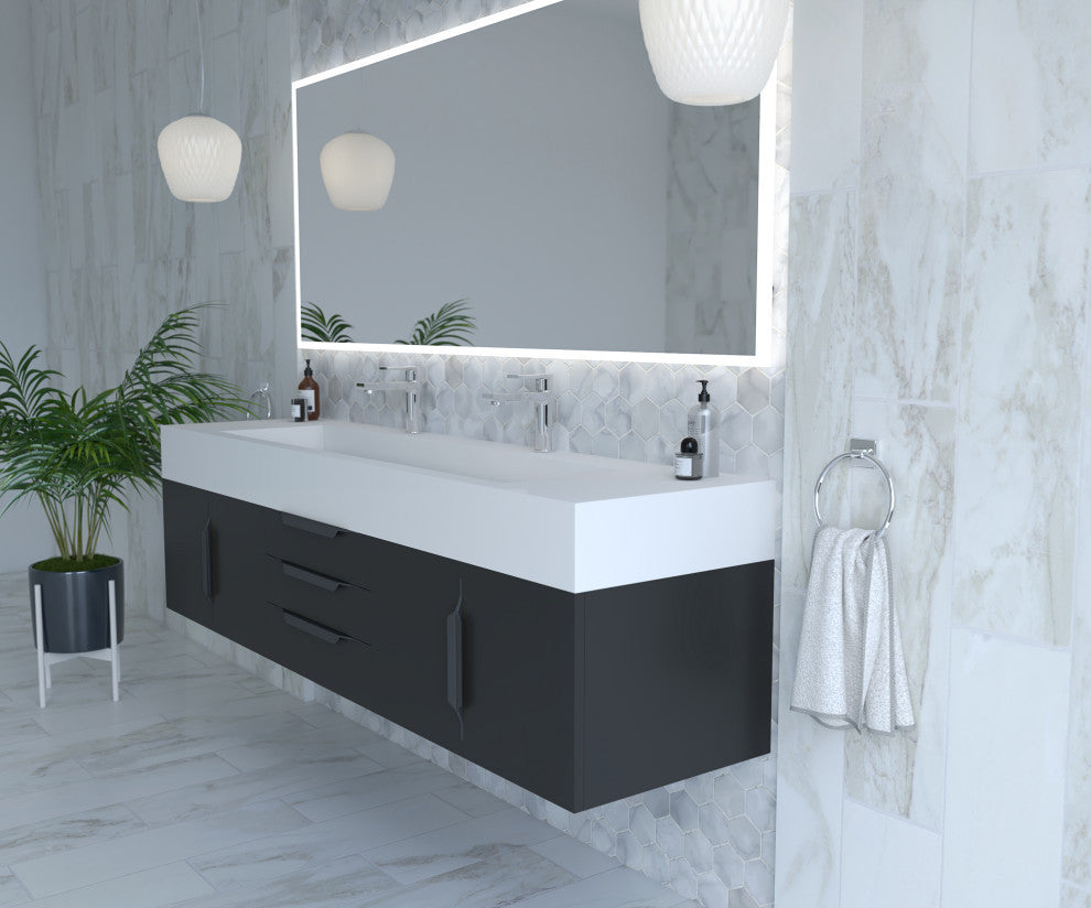CastelloUSA Nile 72" Wall Mounted Vanity Set, Black, White Top, Black Handles