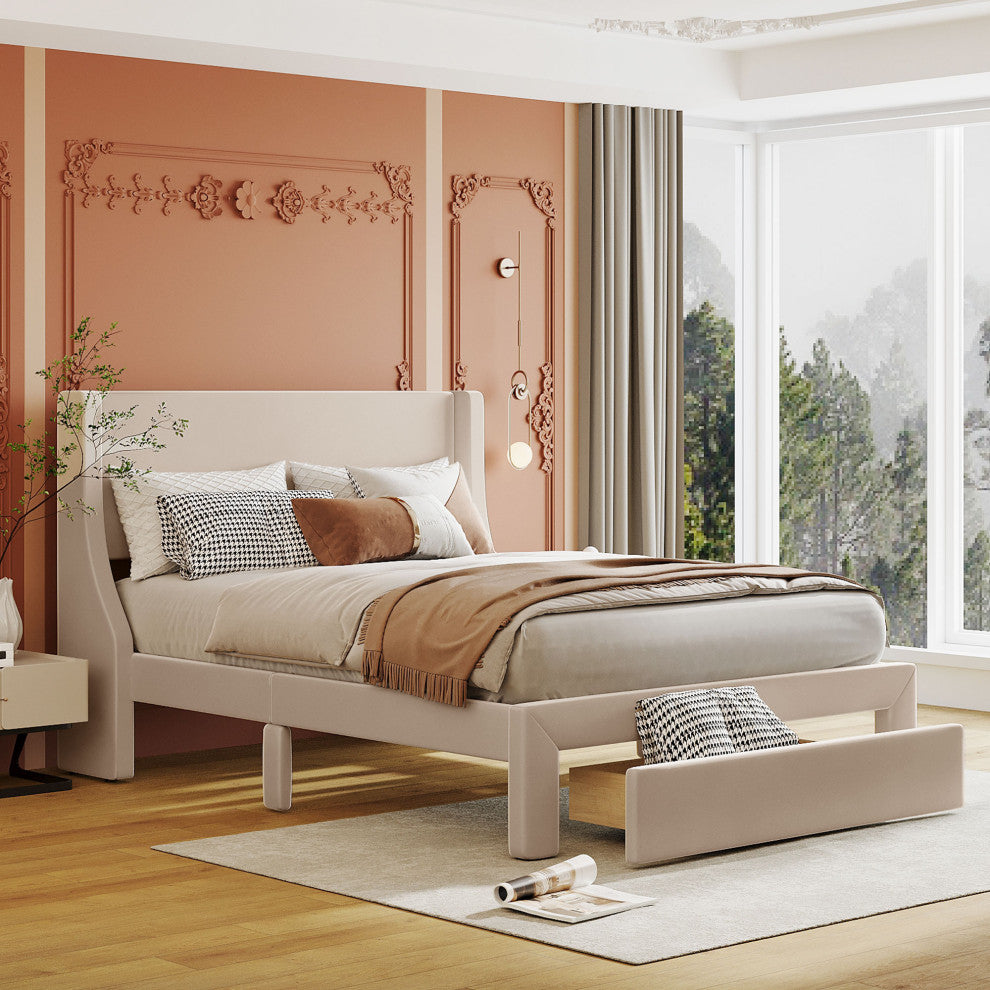 Gewnee Full Size Storage Bed Velvet Upholstered Platform Bed