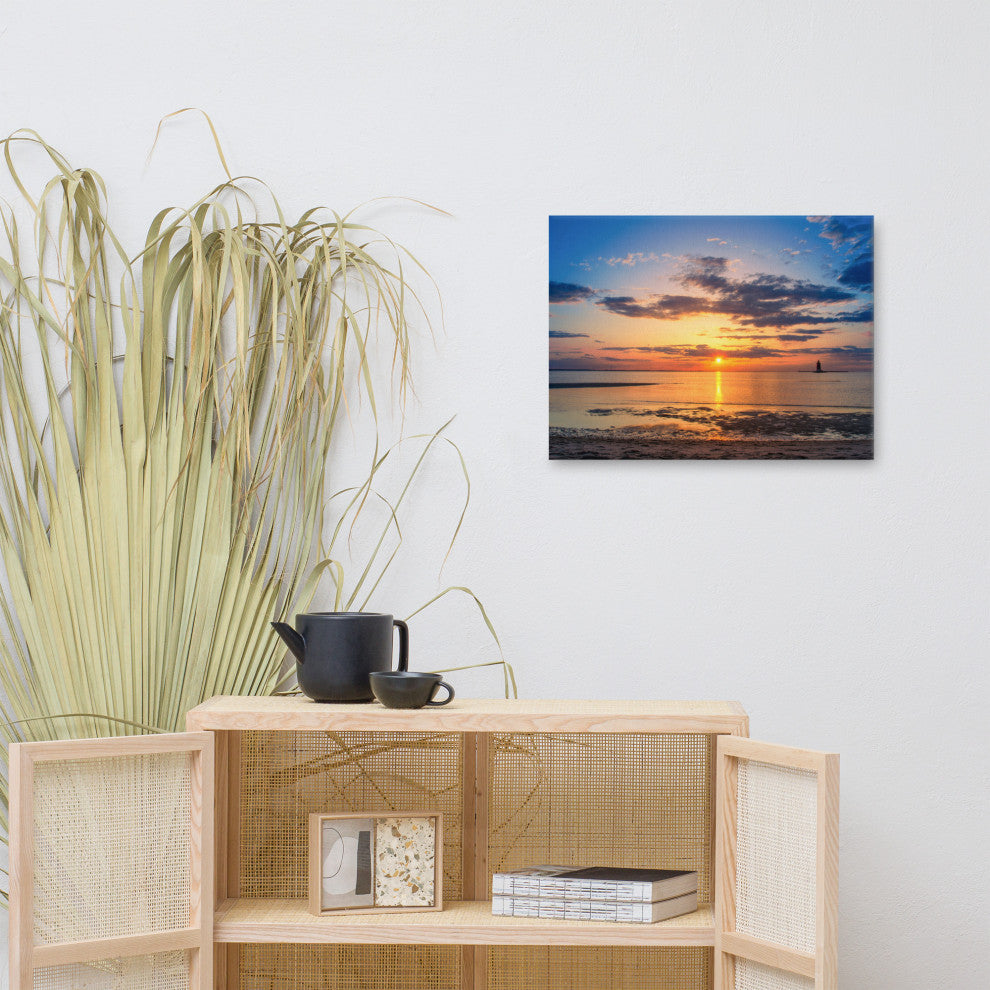 Sunset at Breakwater Lighthouse Coastal Landscape Photo Canvas Print, 18" X 24"