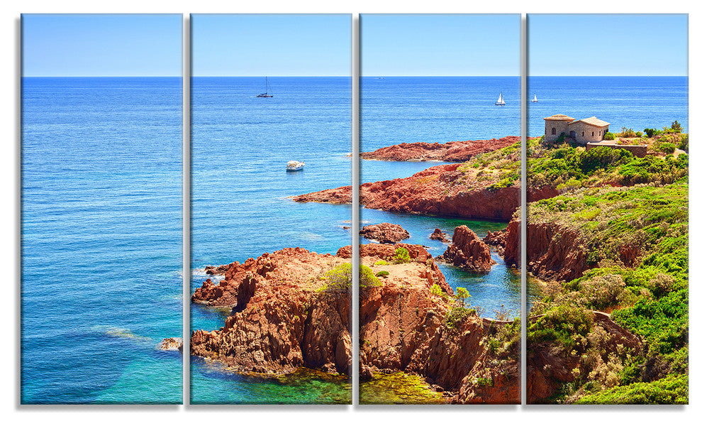 Esterel Rocks Beach Coast, Landscape Canvas Art Print, 48"x28", 4 Panels