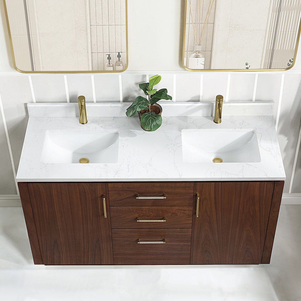San Bath Vanity with Stone Top, Natural Walnut, 60" Double Sink, Double Vanity, No Mirror