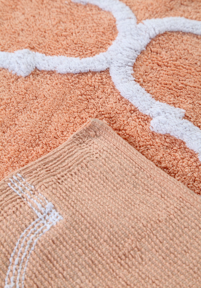 Cotton Dual Color Geometric Pattern Bath Rug, Coral/White, 34"x21"