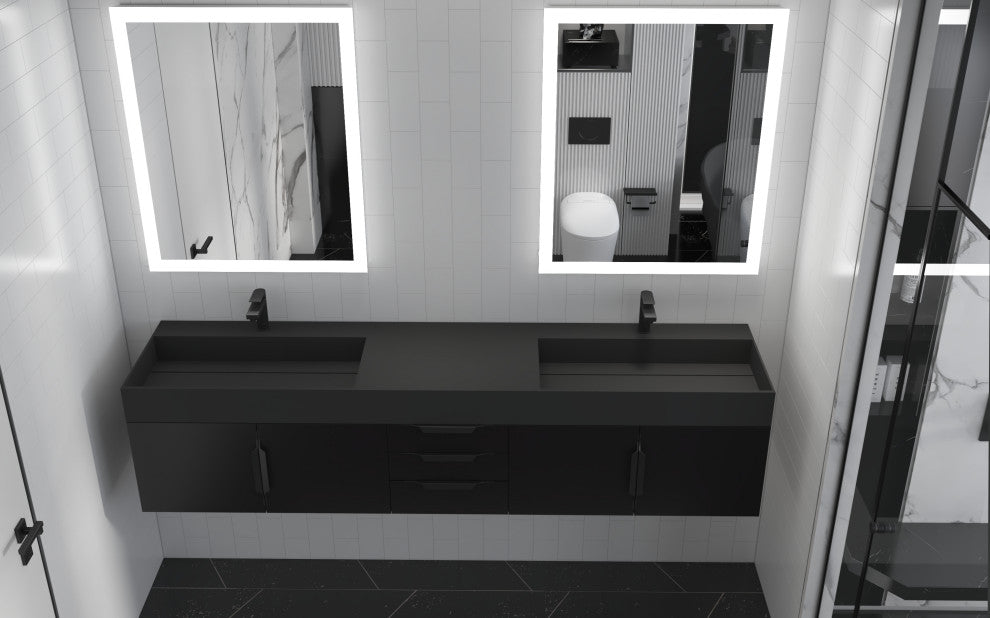 CastelloUSA Amazon 84" Wall Mounted Bathroom Vanity Set, Black, Black Top, Black Handles