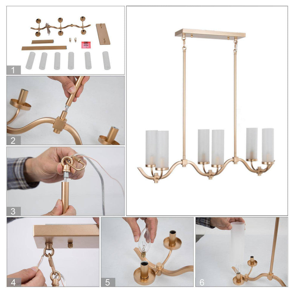 LNC 6-Light Modern Gold and Frosted Glass Linear Pendant for Kitchen