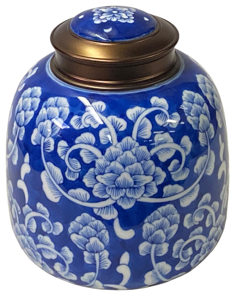 Oriental Handmade Blue White Porcelain Metal Lid Container Urn Hws1646