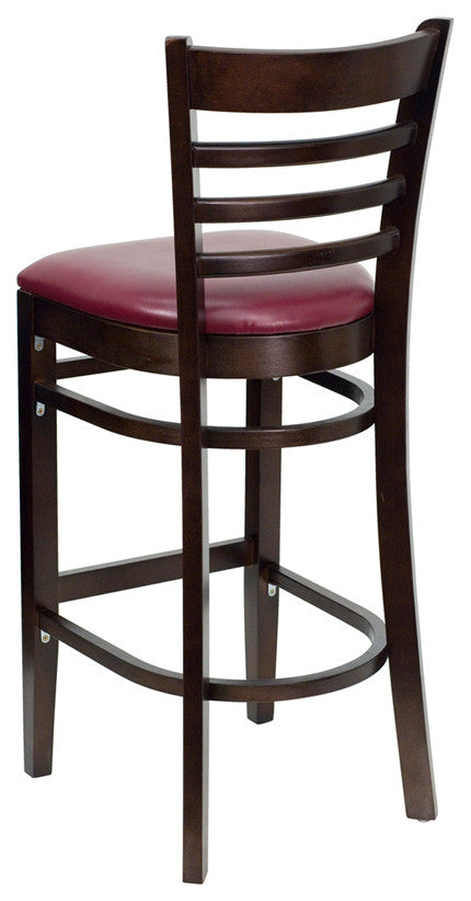 Ladder Back Walnut Wood Restaurant Barstool, Burgundy Vinyl Seat