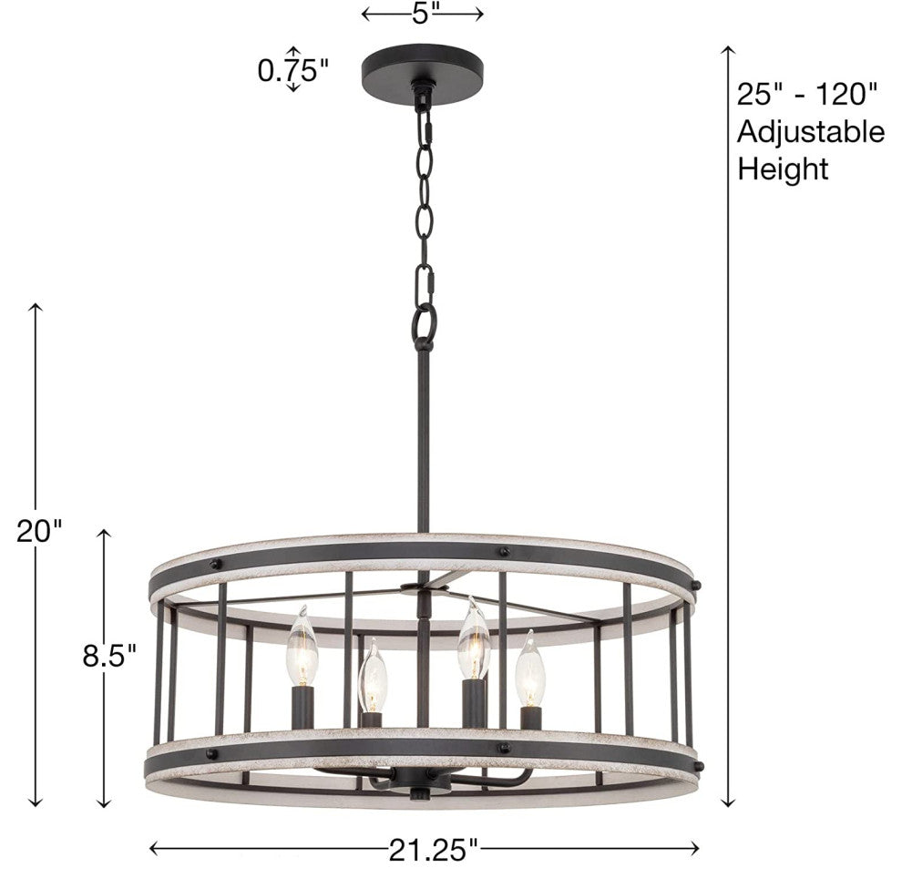 4 Light Farmhouse Chandelier Drum Pendant Light Fixture With White Wood Style