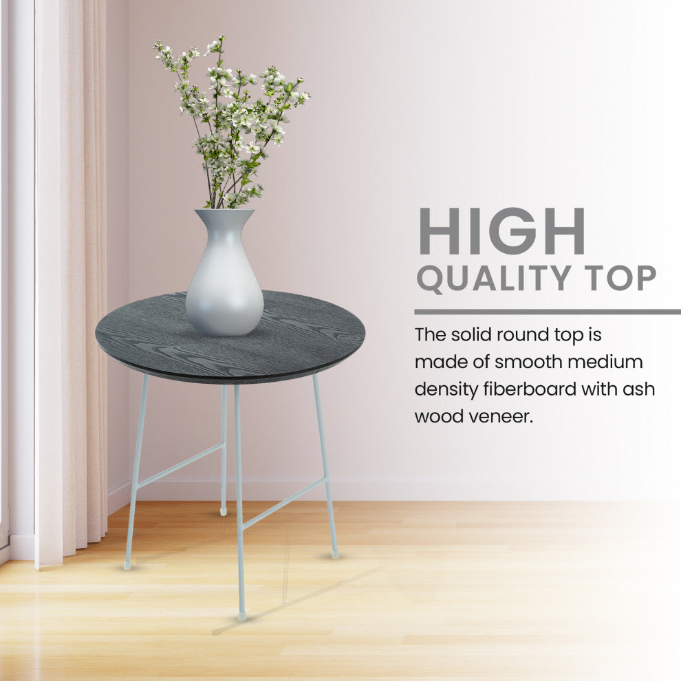LeisureMod Rossmore Modern Round Side Table With White Steel Frame, Black