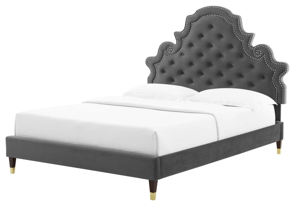 Tufted Platform Bed Frame, Full Size, Velvet, Gray, Modern Contemporary