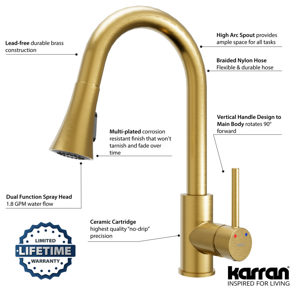 Karran Weybridge Single-Handle Pull-Down Sprayer Kitchen Faucet, Brushed Gold