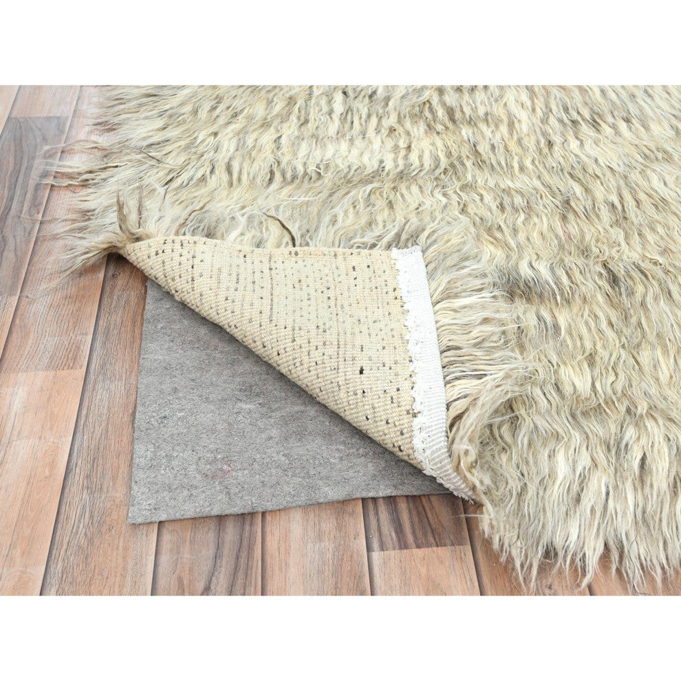 Gray, Undyed Natural Wool Hand Knotted, Shaggy Moroccan Rug, 7'7"x9'10"