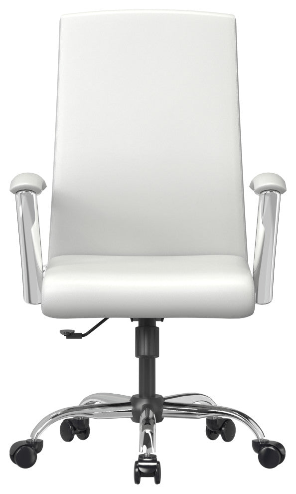 LeisureMod Evander Swivel Office Chair in Leather With Silver Frame, White